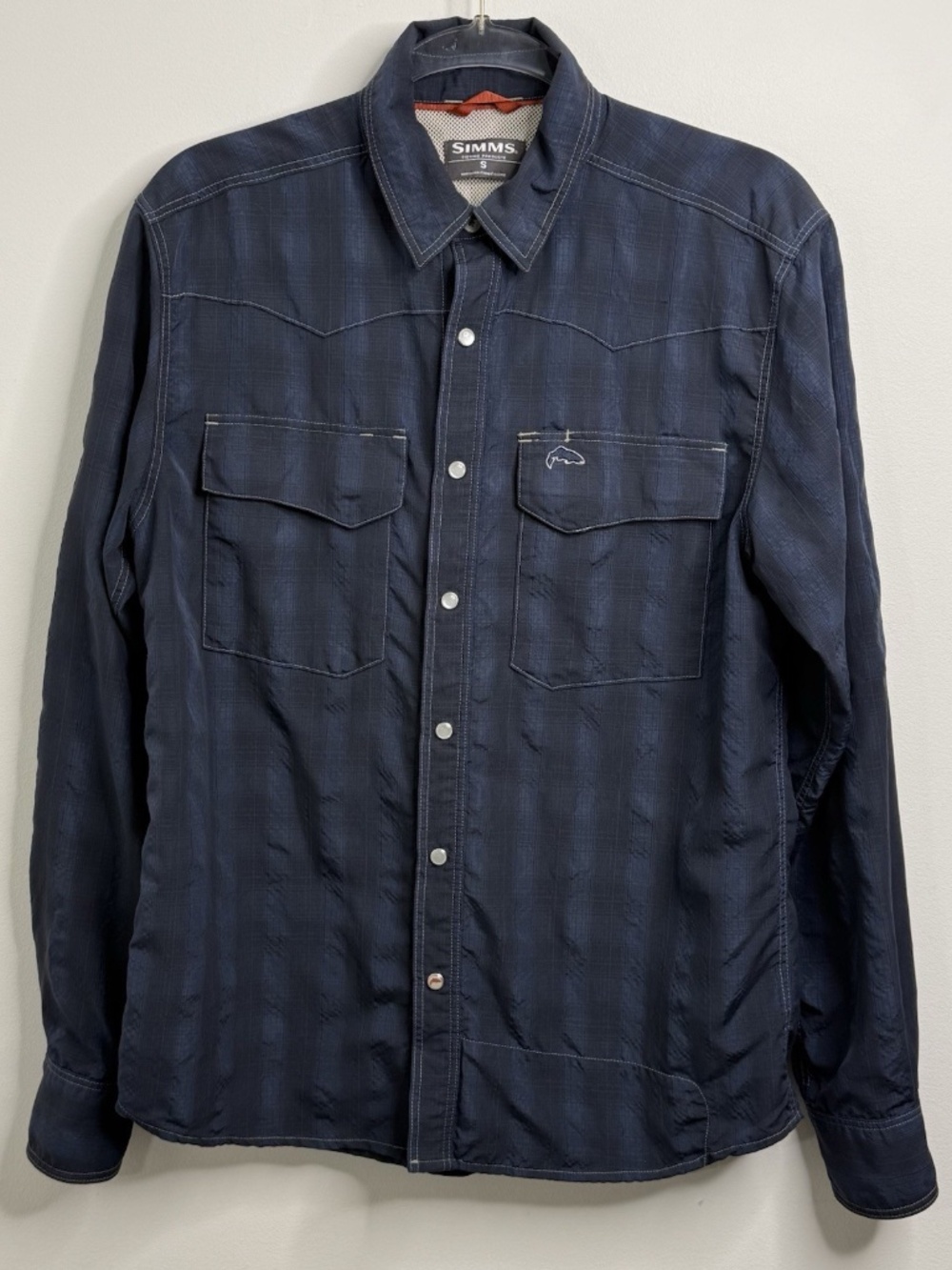 Simms Big Sky Fishing Shirt Mens SZ S Blue Lightweight Plaid Vented Pearl Snap